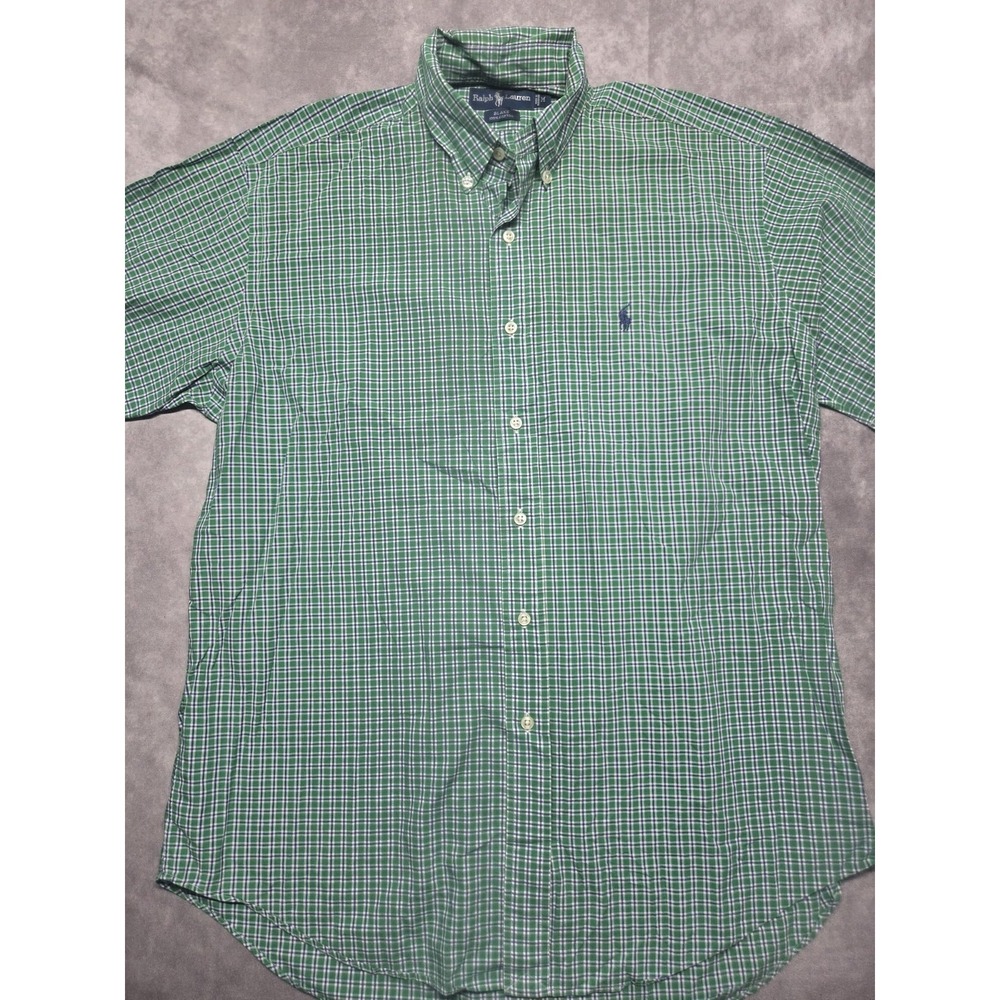 Ralph Lauren Green Plaid Button Down Shirt Mens M Short Sleeve Preppy Classic